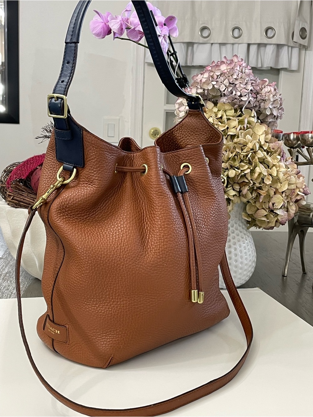 Coach Leather Drawstring Bucket Bag Brown Pebbled Crossbody Shoulder Purse EUC